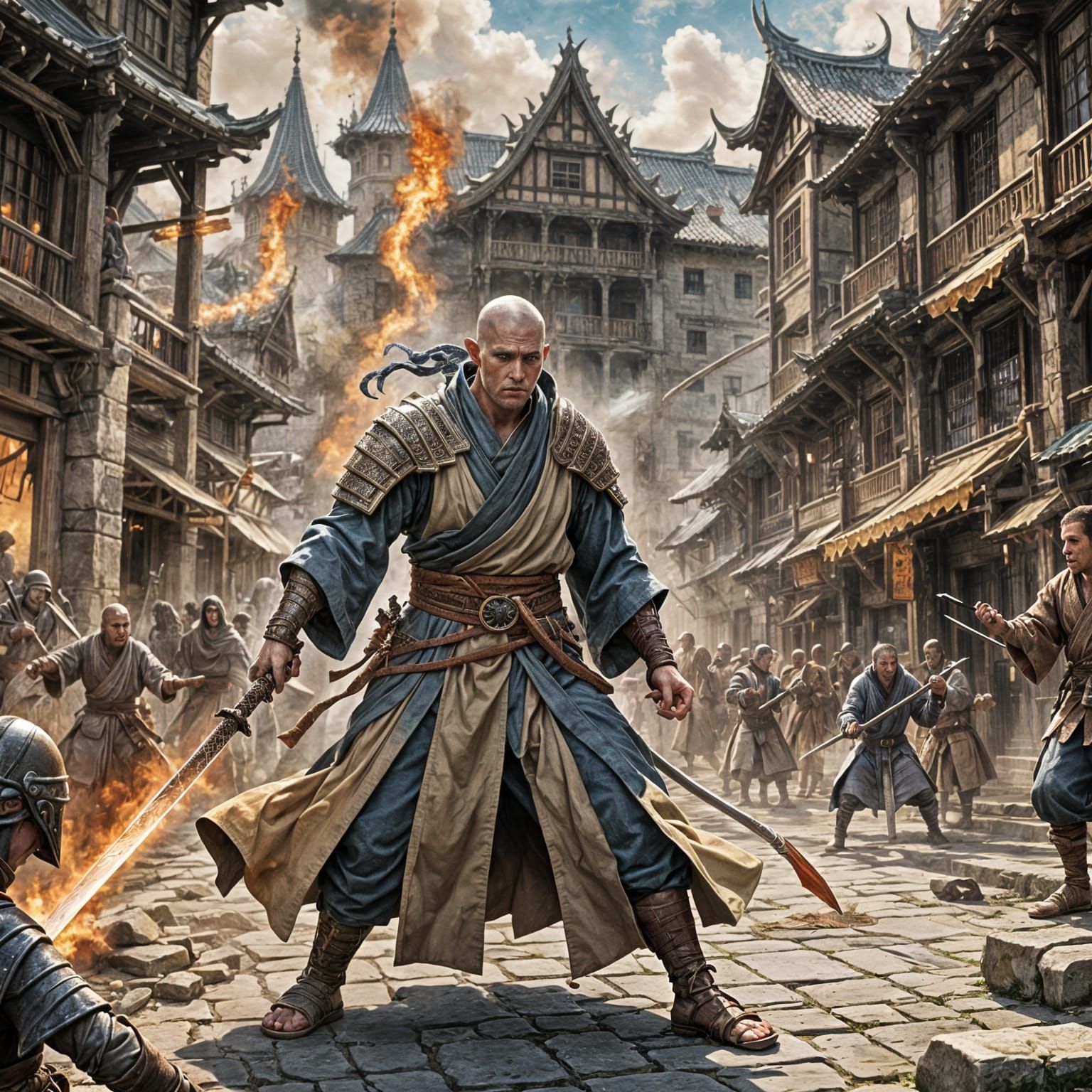 Kensei Monk Battles in Medieval City Square