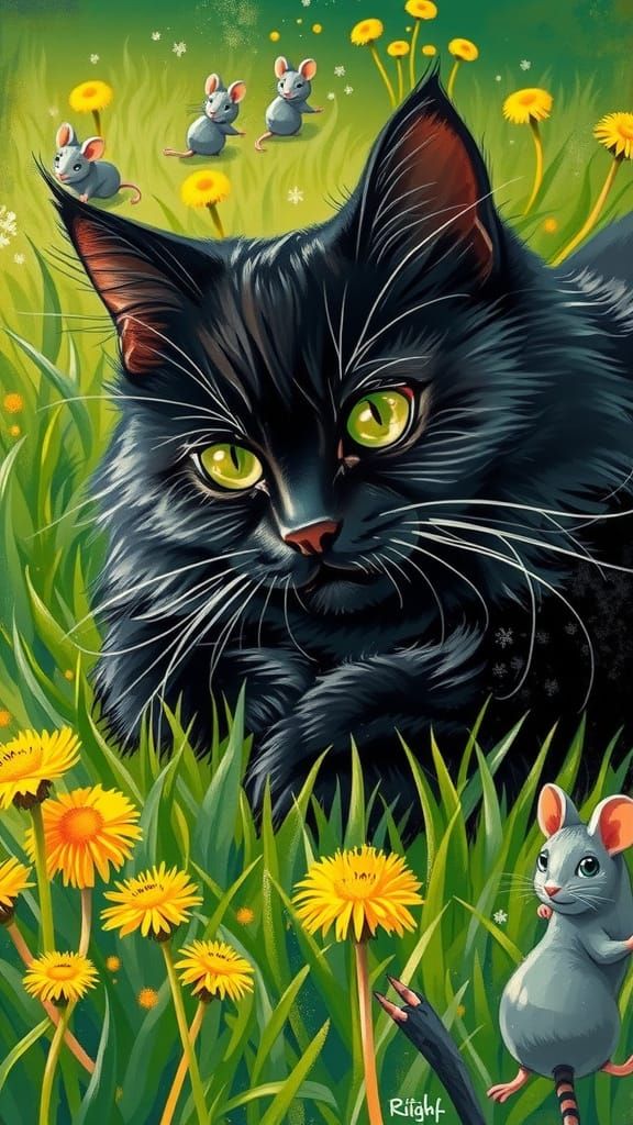 Fluffy Black Cat in Whimsical Graffiti Art Scene