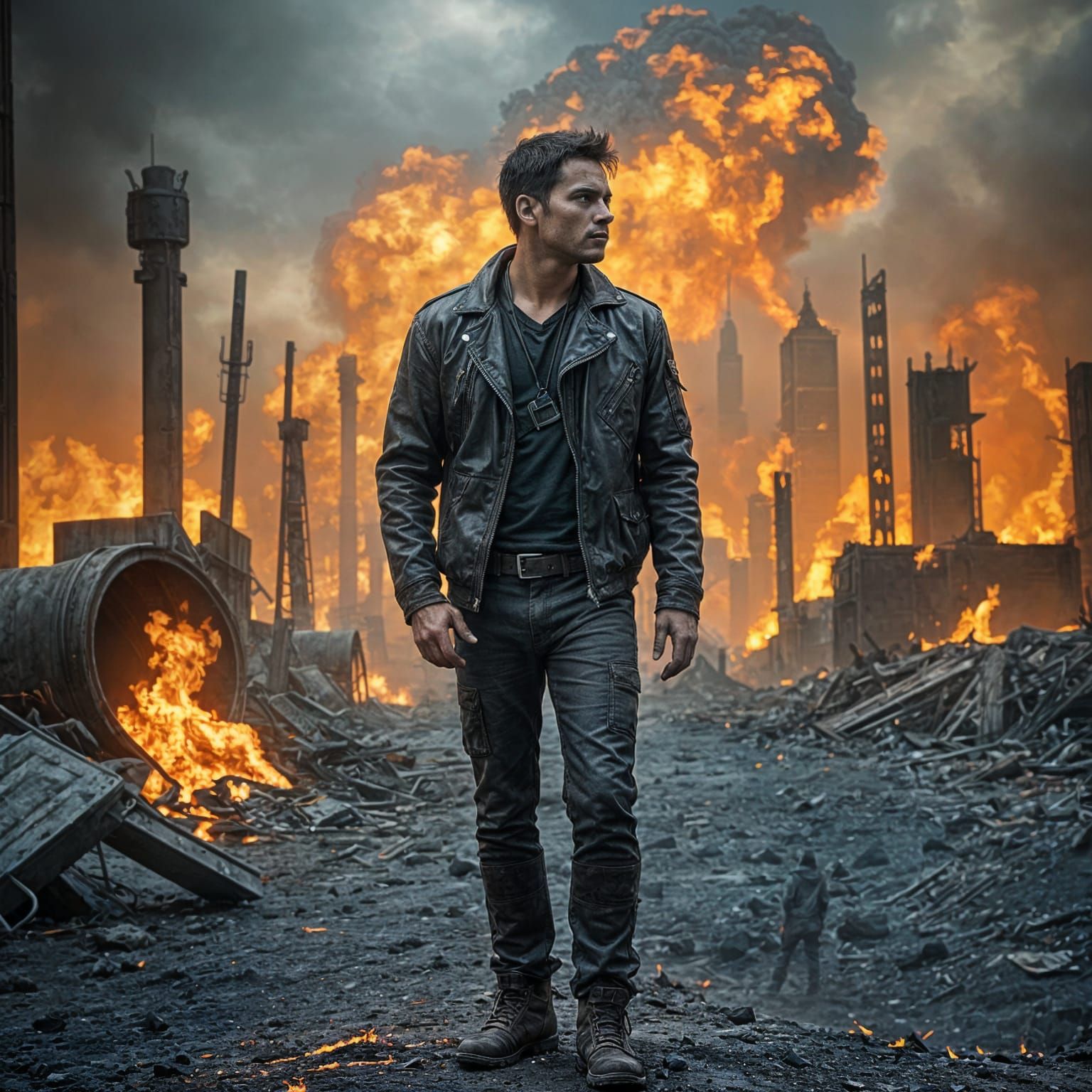 Silhouette in a Fiery Post-Apocalyptic Wasteland