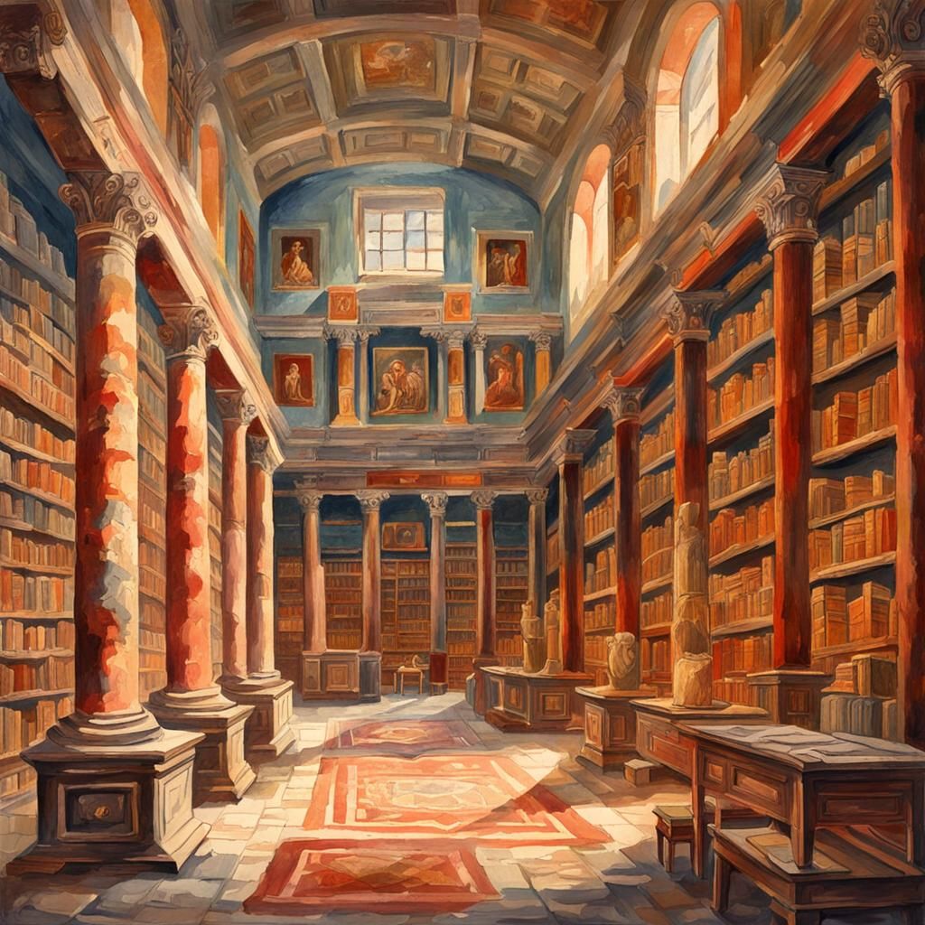 Ancient Roman Library in Pompeii: Gouache Impressionist Styl...