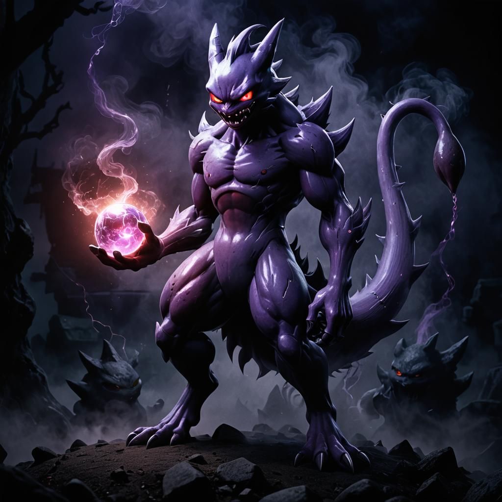 dark gengar pokemon with sharp claws, glowing eyes, spiked t...