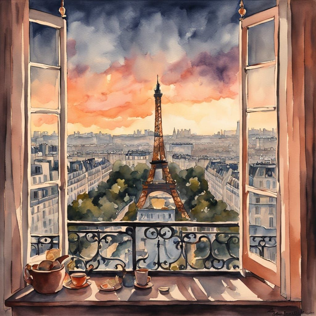 Parisian Sunset from a Vintage Window View