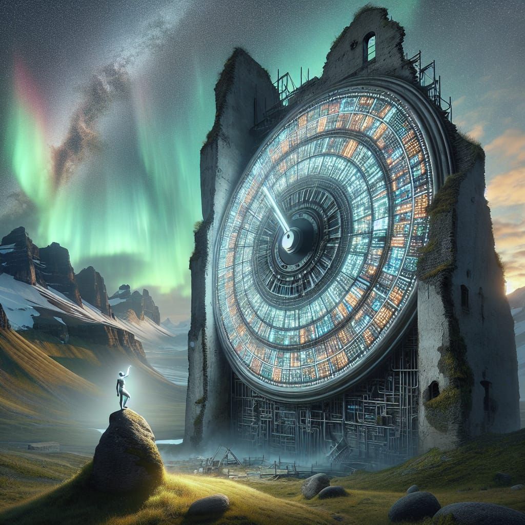 Miniature Person Climbs Clock Tower Under Northern Lights
