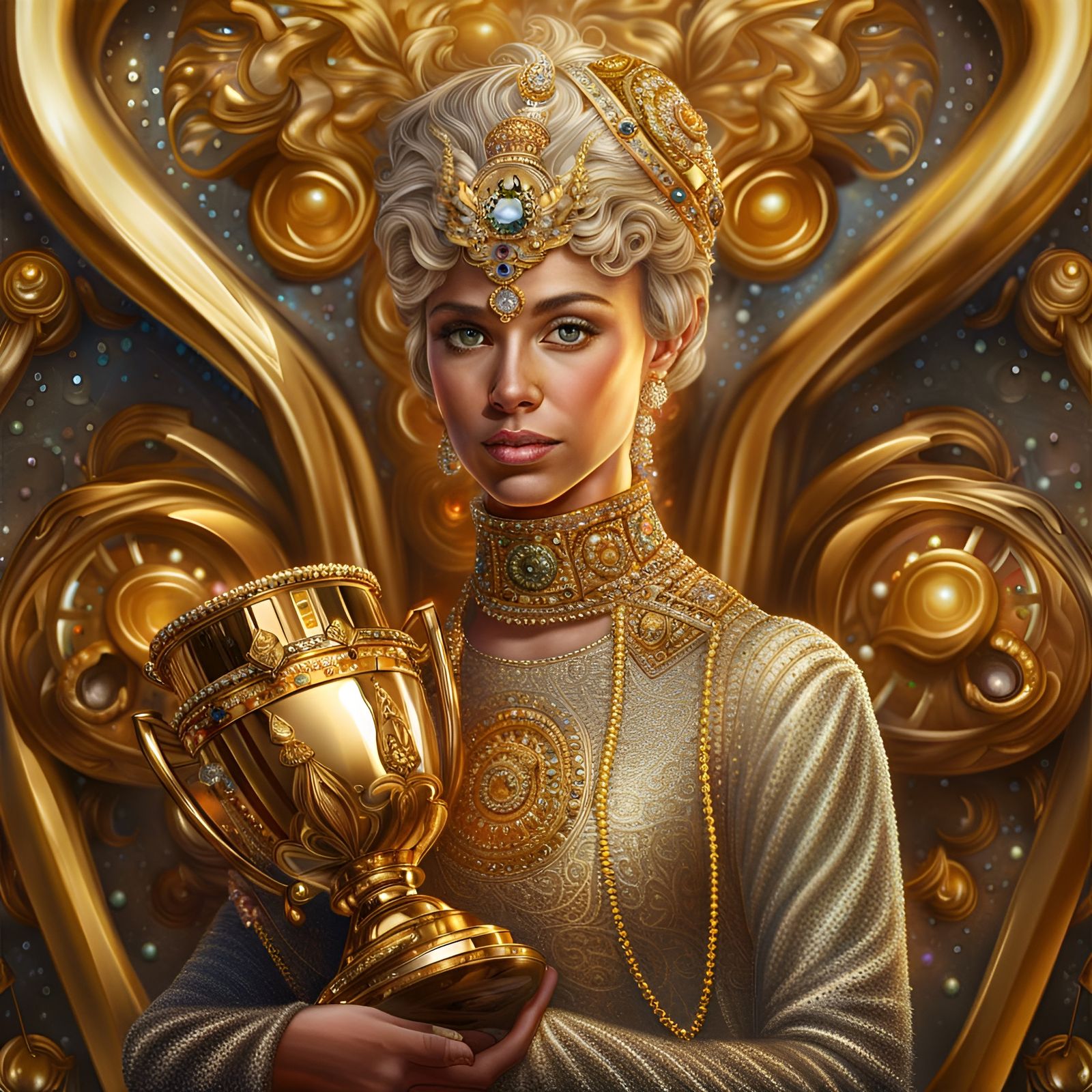 Glorious in Gold - Beautiful Woman with Gleaming Trophy