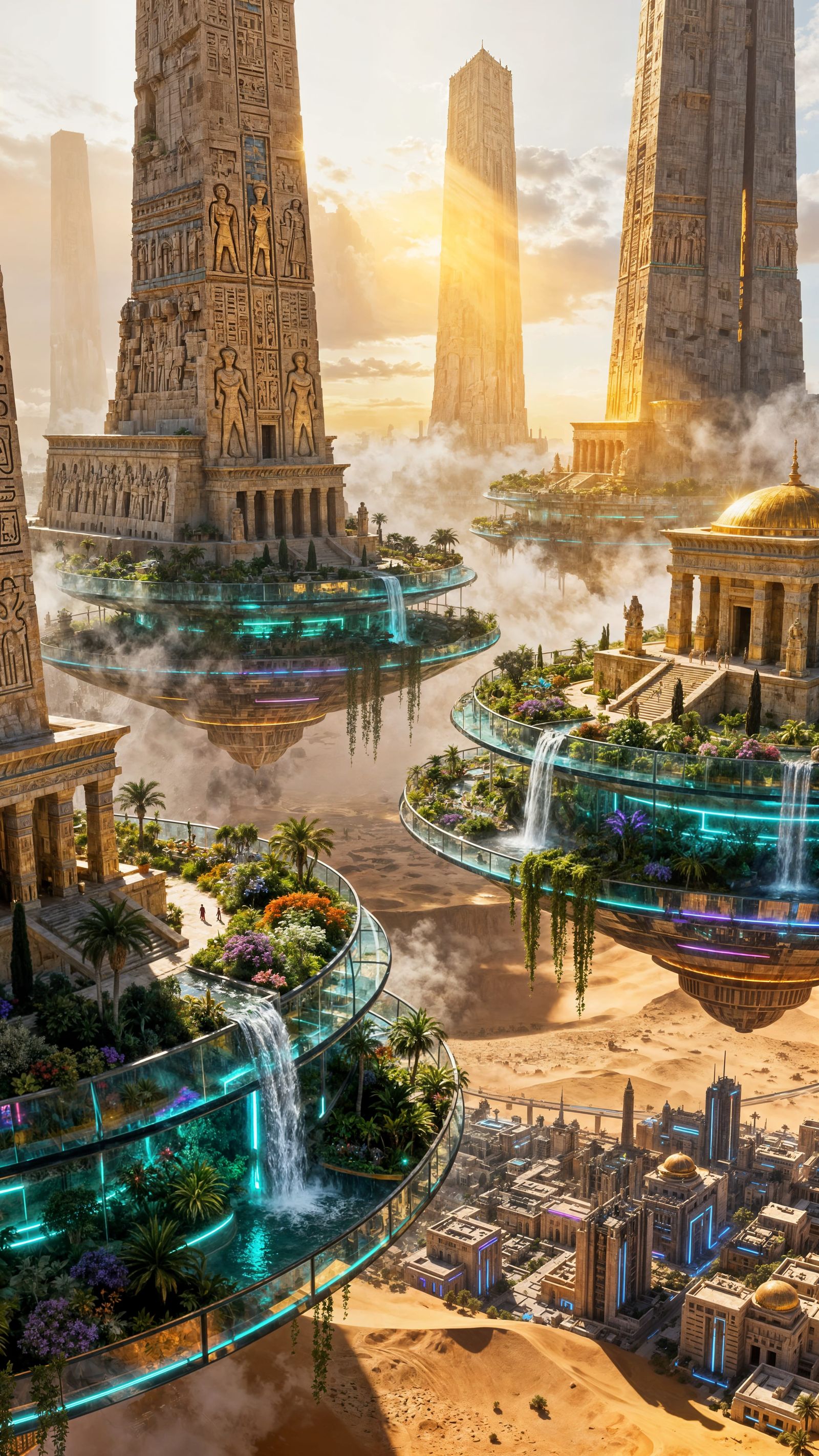 Futuristic Sky Gardens Above Desert City
