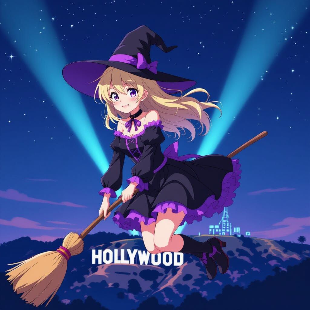 Anime Witch Soaring Over Hollywood Sign