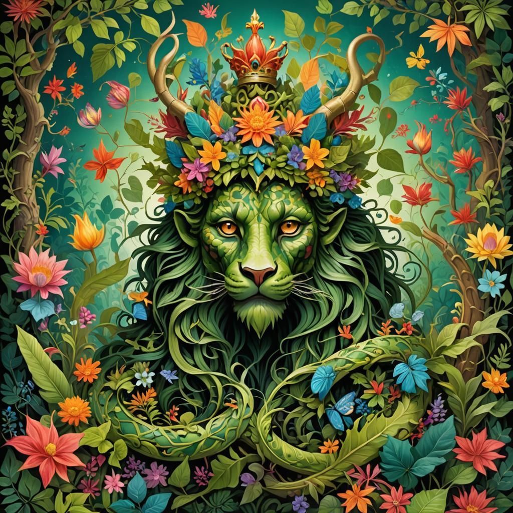 Fantastical Serpentine Creature in Vibrant Flora