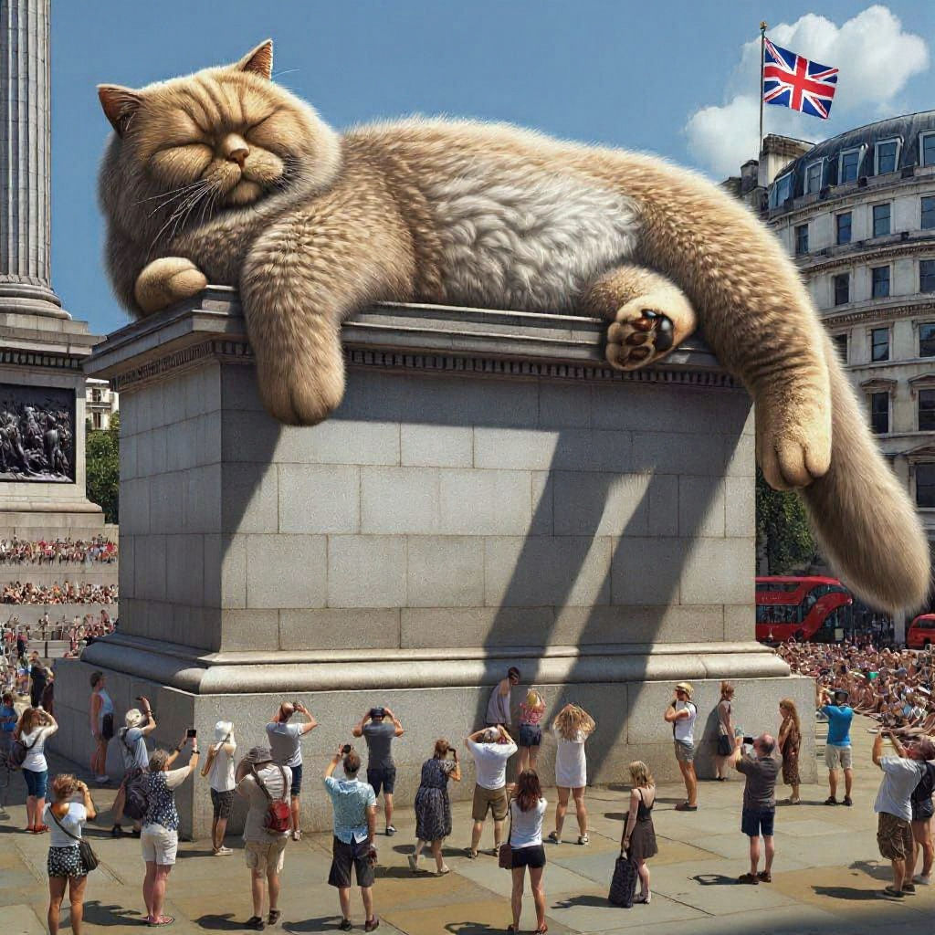 Humorous Giant Cat Loafing on Fourth Plinth