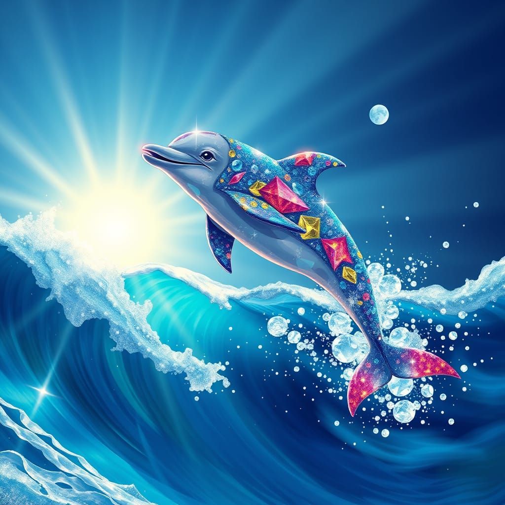 Crystal Dolphin Leaping Through Ocean Waves