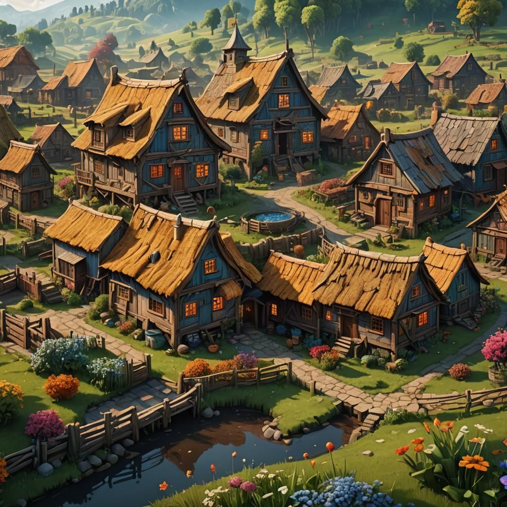 Farm Village House in Doodle Art Style