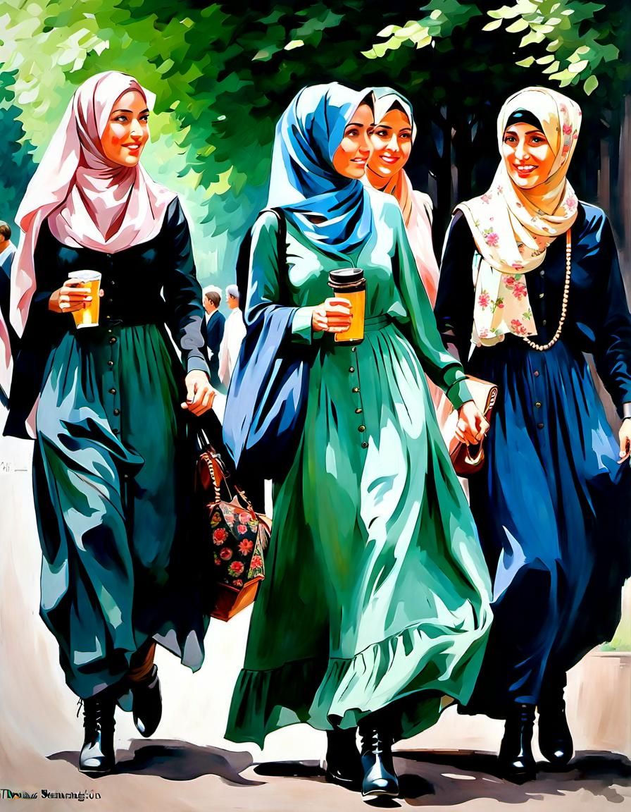 German Hijabi Girls Walking in Frankfurt: Oil Painting