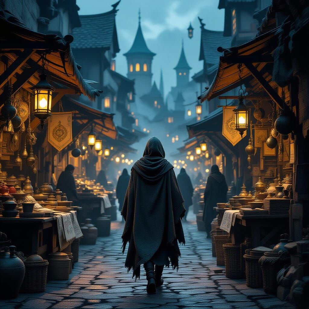 Teenager Navigates Dusk Fantasy Market with Eerie Lanterns