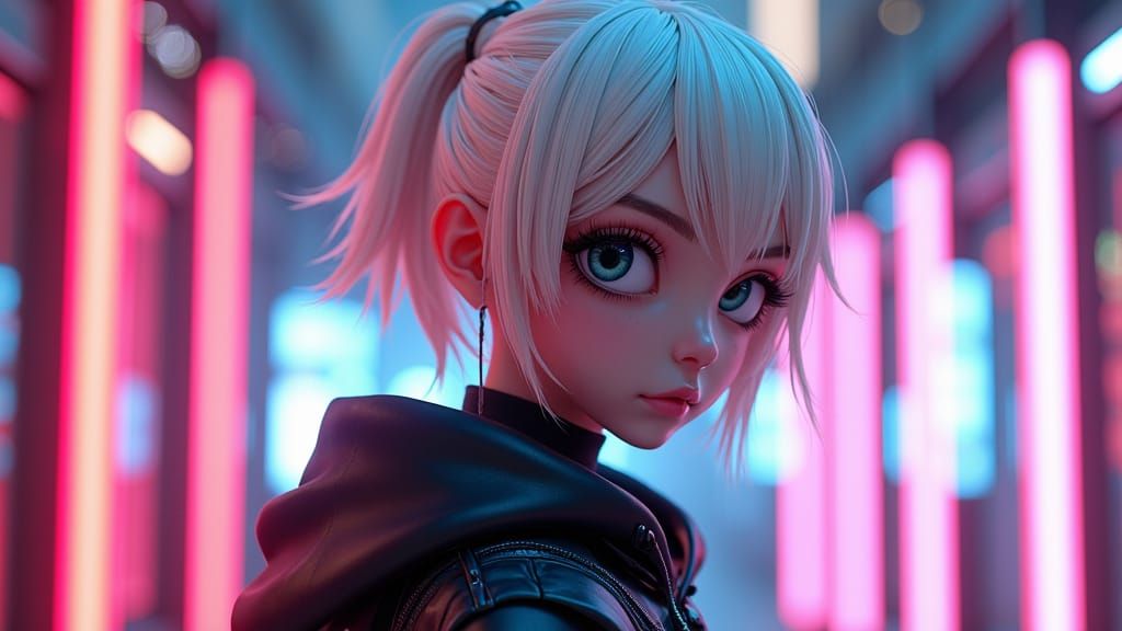 Futuristic Anime Figure with Platinum Hair, 3D Art