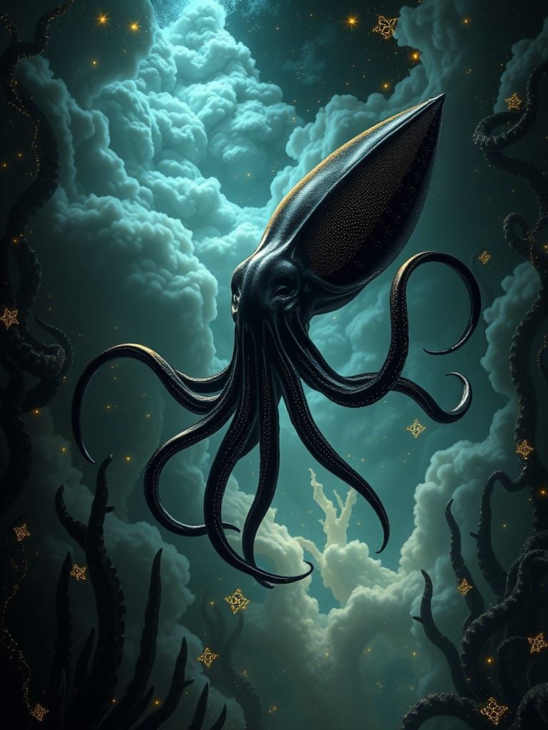 Giant Squid in Bioluminescent Sea, Hyperrealistic Style