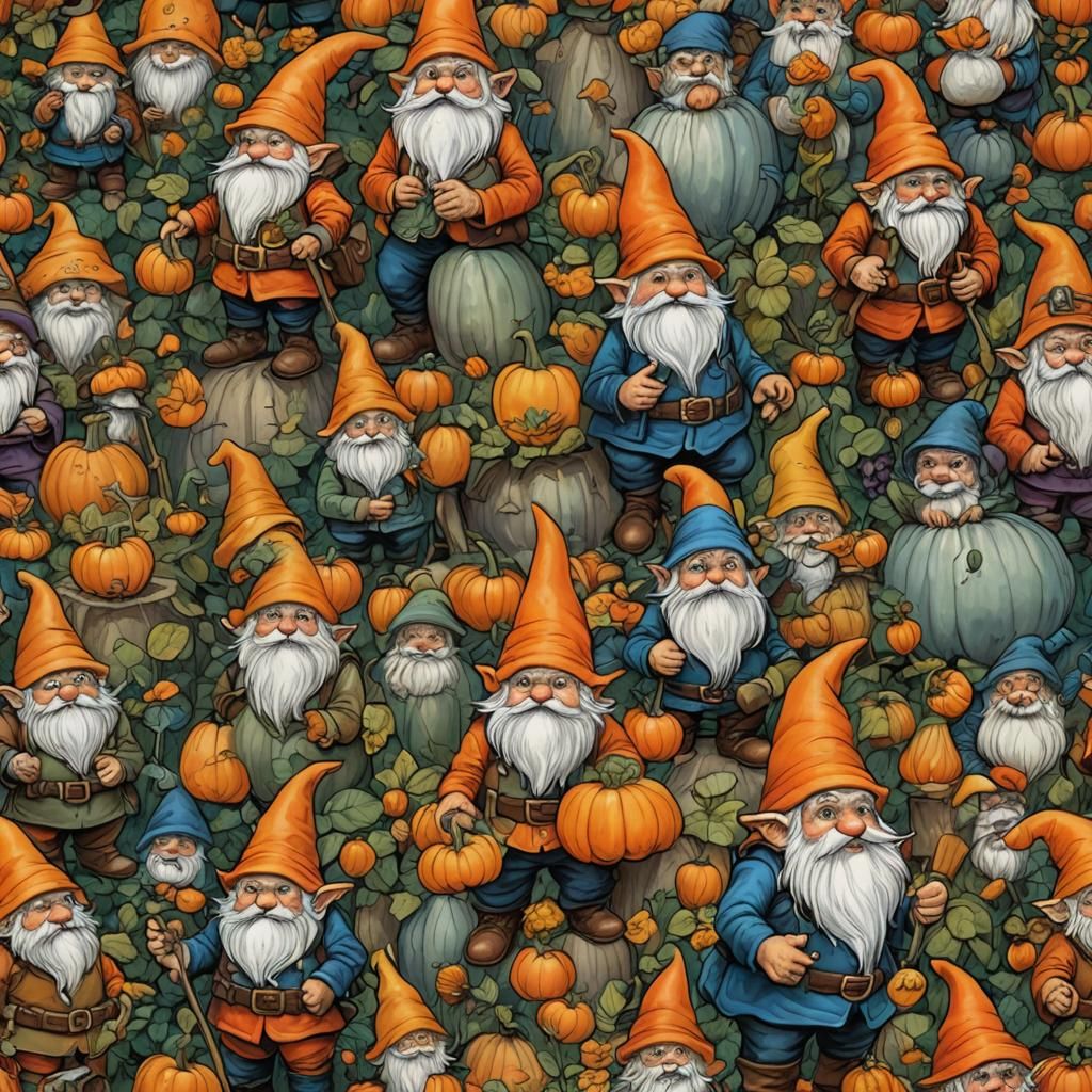 Gnomes Weeping Under Dripping Pumpkins: Fantasy Concept Art