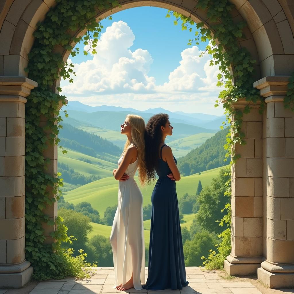 Elegant Women in Castle Landscape, Illustrative Style