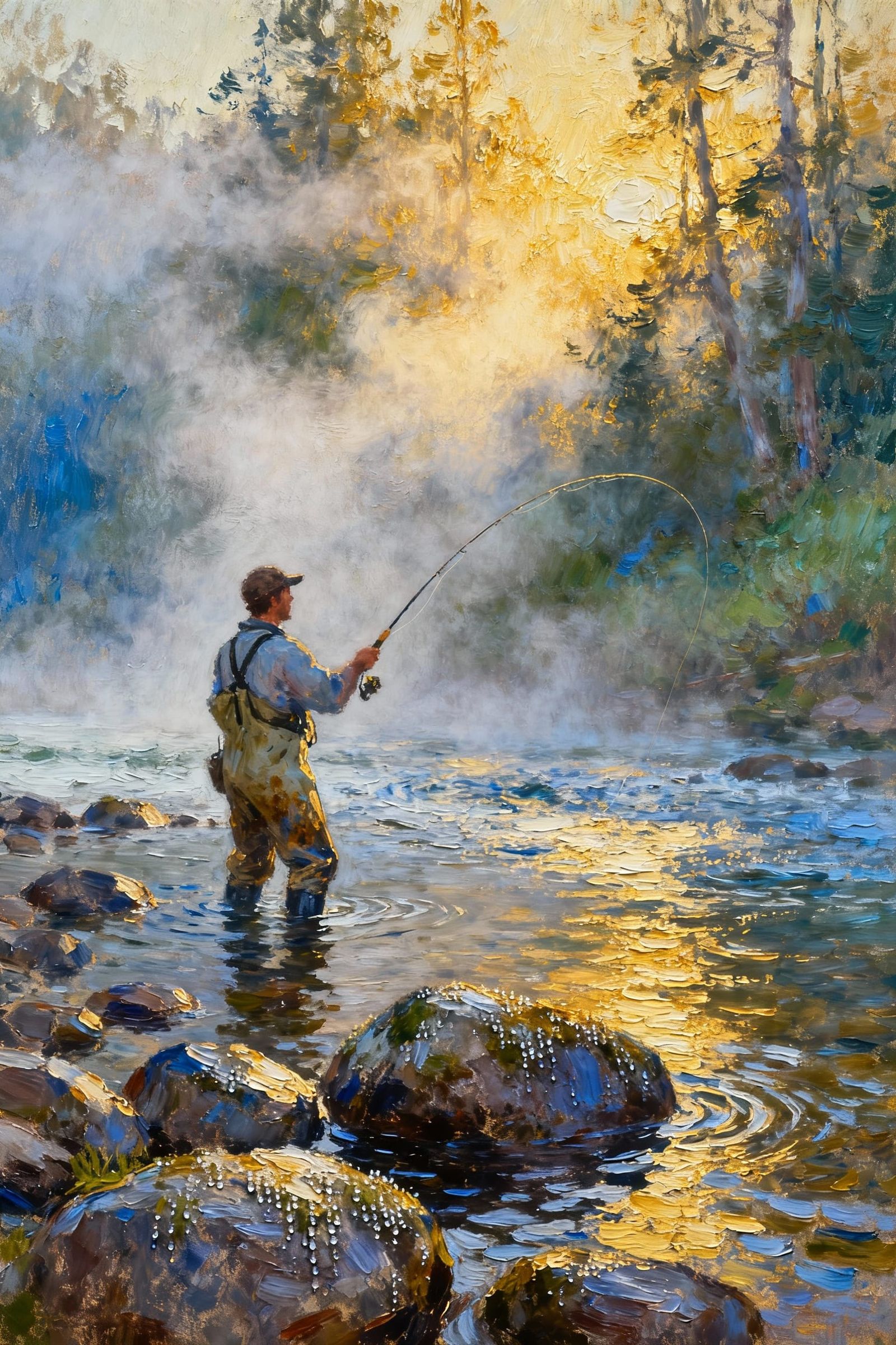 Fly Fisherman in Morning Mist Impasto Painting
