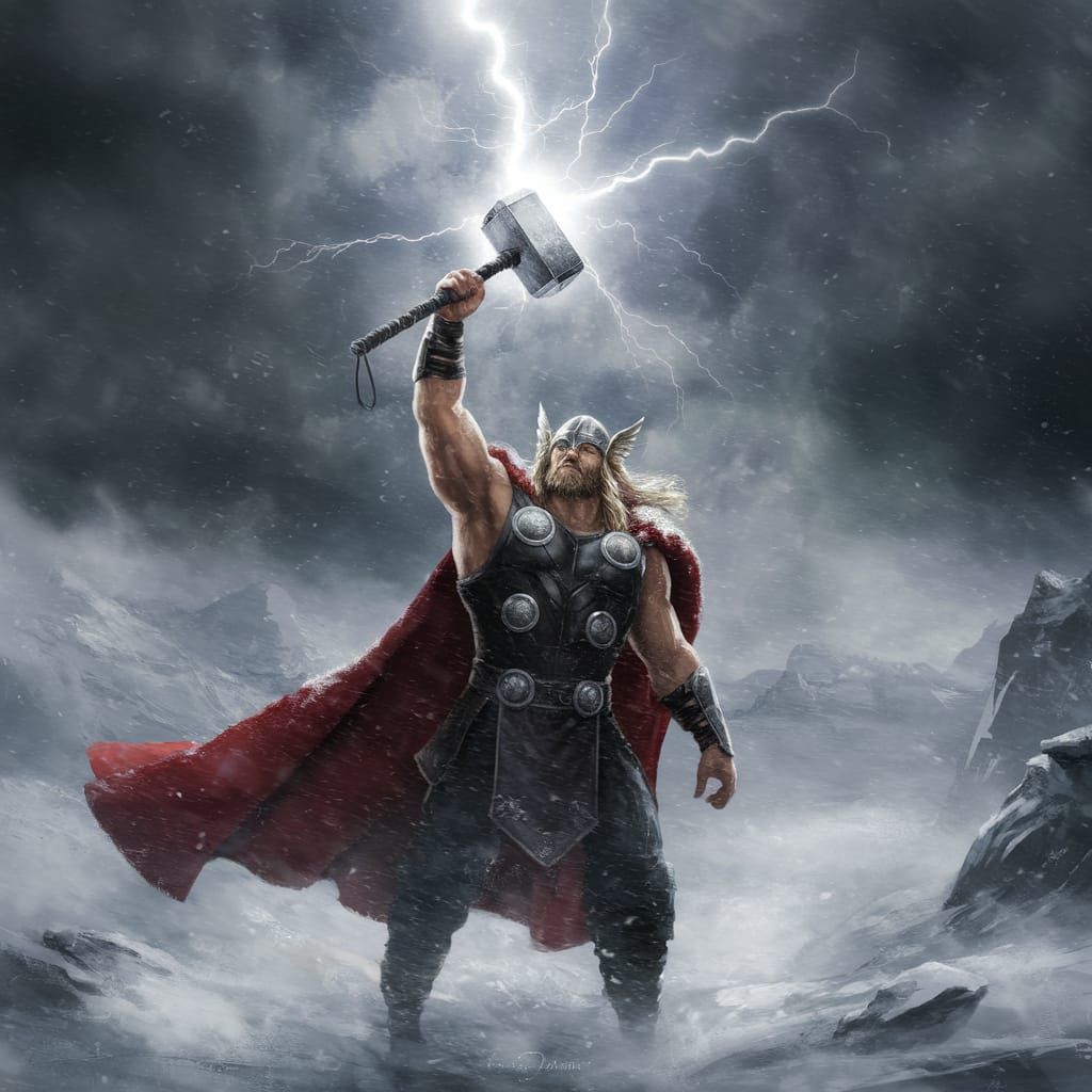 Epic Dark Fantasy Oil Painting of Norse God of Thunder