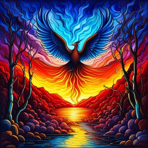 Stained Glass Phoenix Landscape in Fantasy Art Style