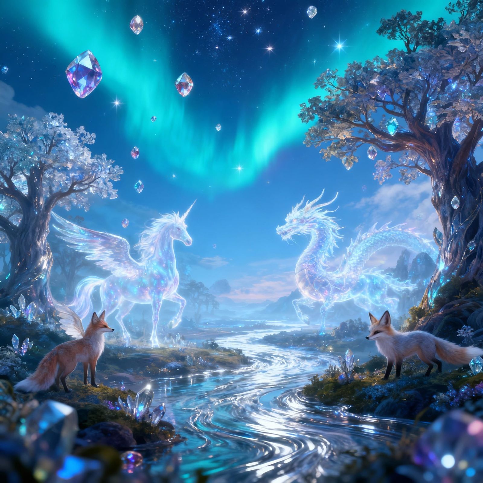 Epic Fantasy World with Glowing Gemstones and Ethereal Creat...