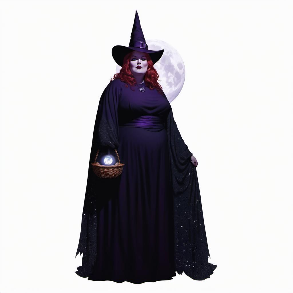 Curvaceous Red-Haired Witch Under Starry Sky