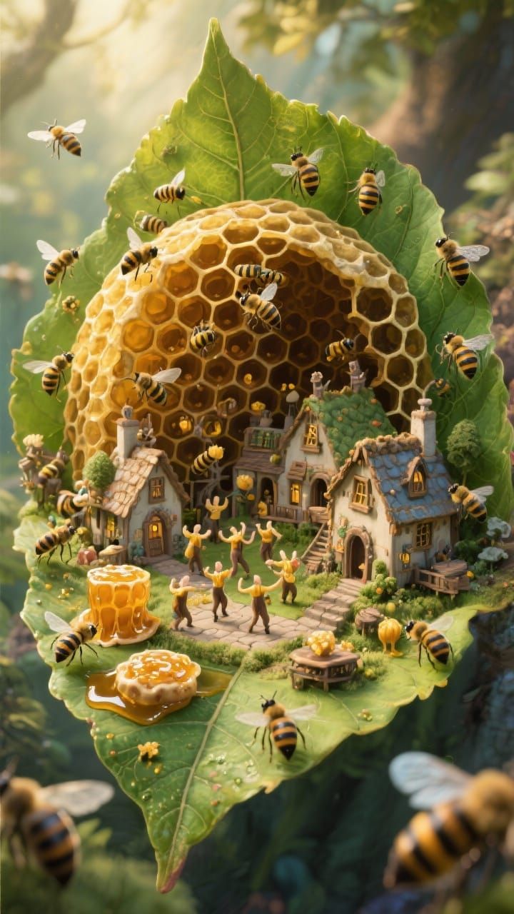 Miniature Beehive Village on Giant Leaf