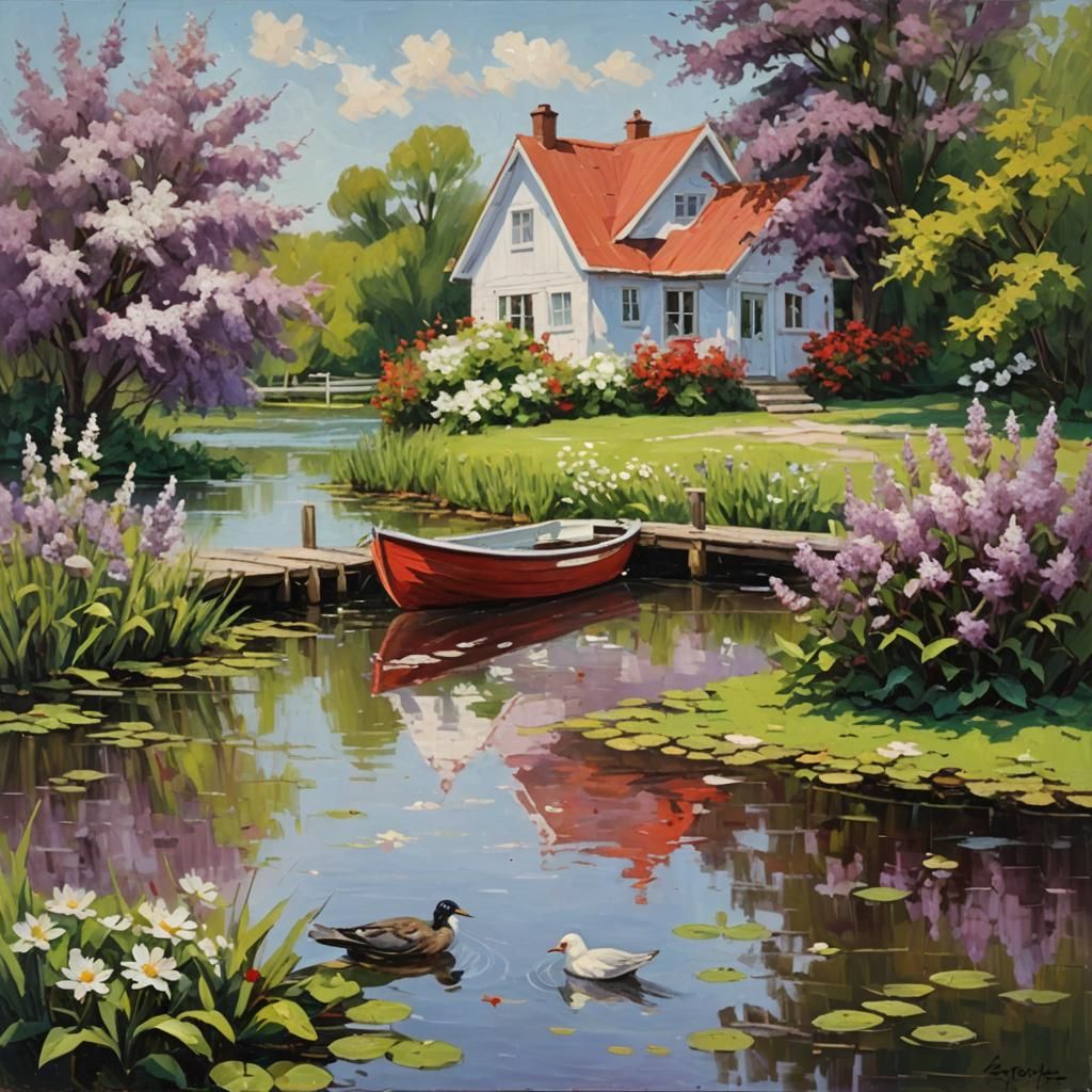Idyllic Pond Scene with Cottage as Impasto Painting