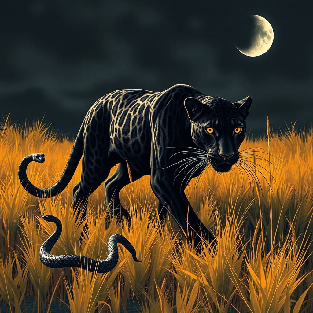 Serenely Tense Savannah Landscape at Crescent Moonlight