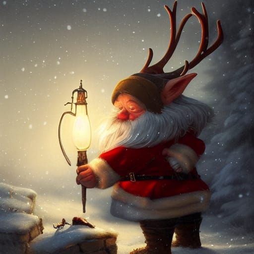 Gnome Petting Reindeer in Dark Fantasy Style