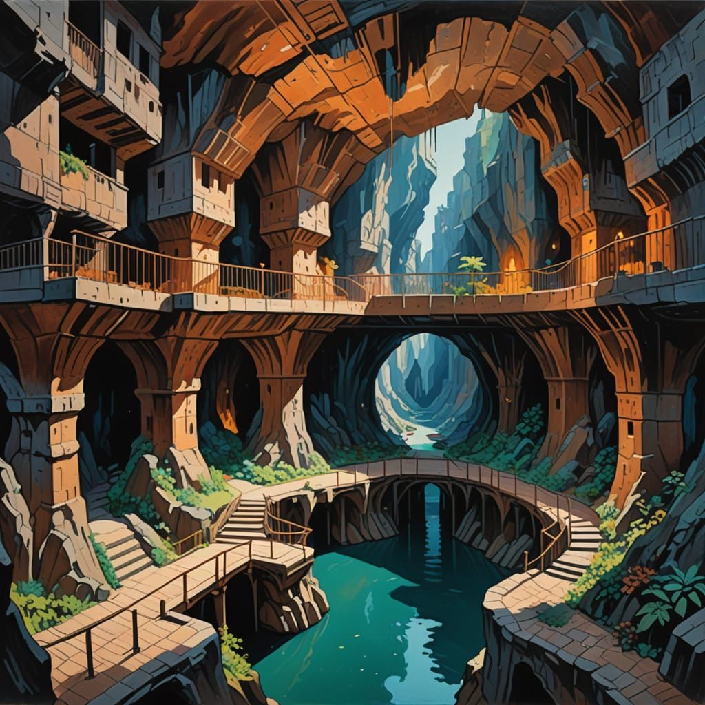 Epic Gouache Painting of a Cavern with Balconies