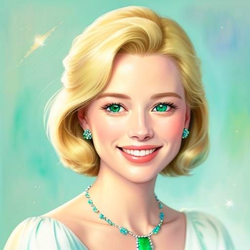 Grace Kelly Watercolor Portrait with Emerald Necklace