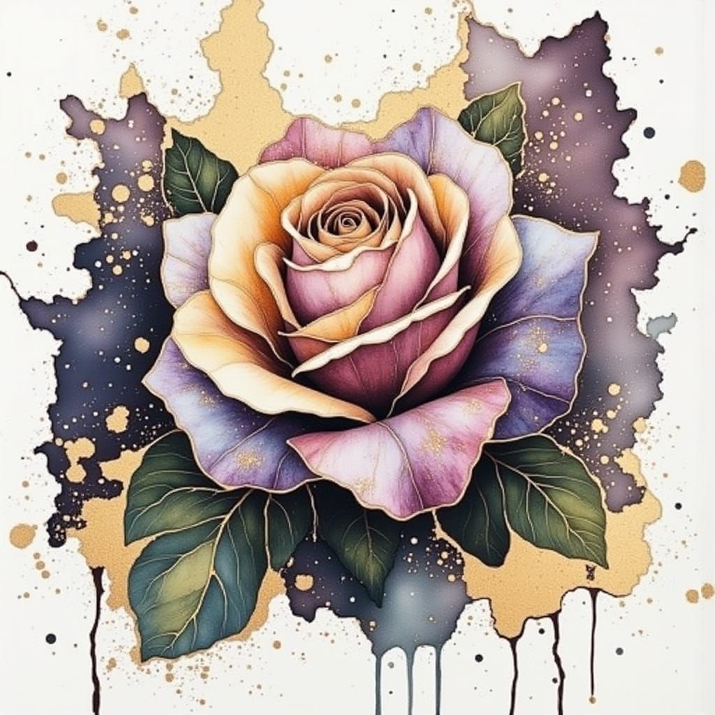 Whimsical Watercolor Rose in Splendid Gold Frame