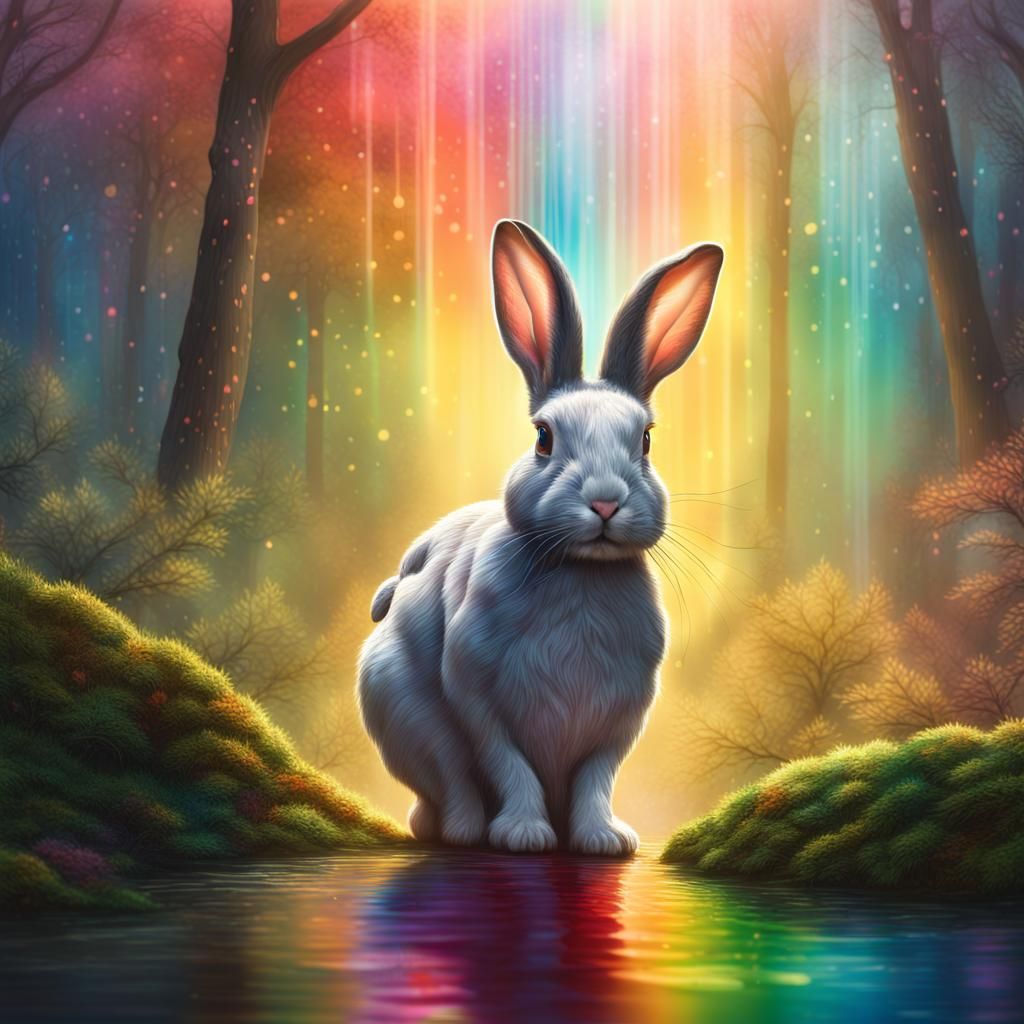 Rabbit in Rainbow Forest: Hyperrealistic Splash Art