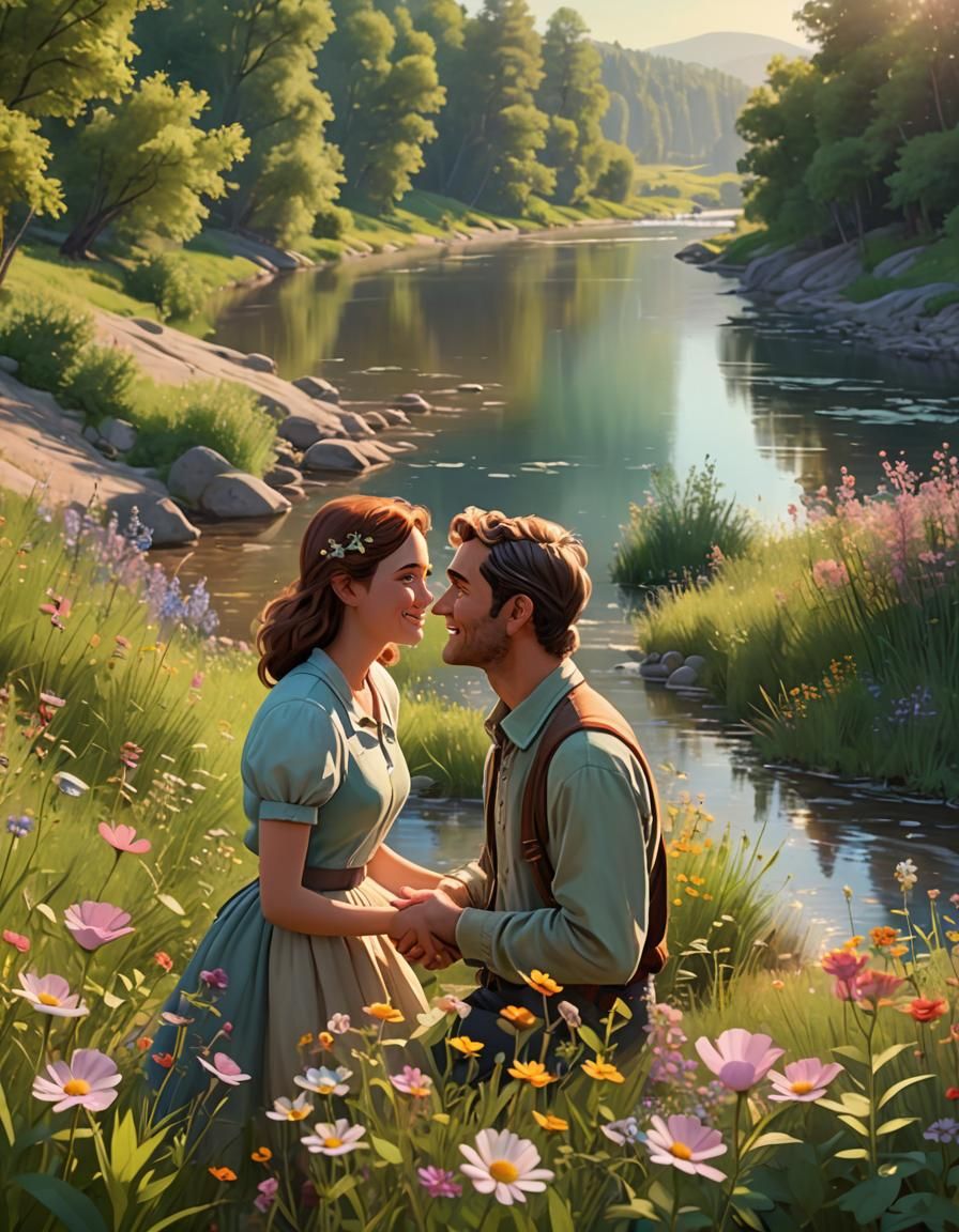 Charming Couple Conversing on Riverbank in Pixar Style