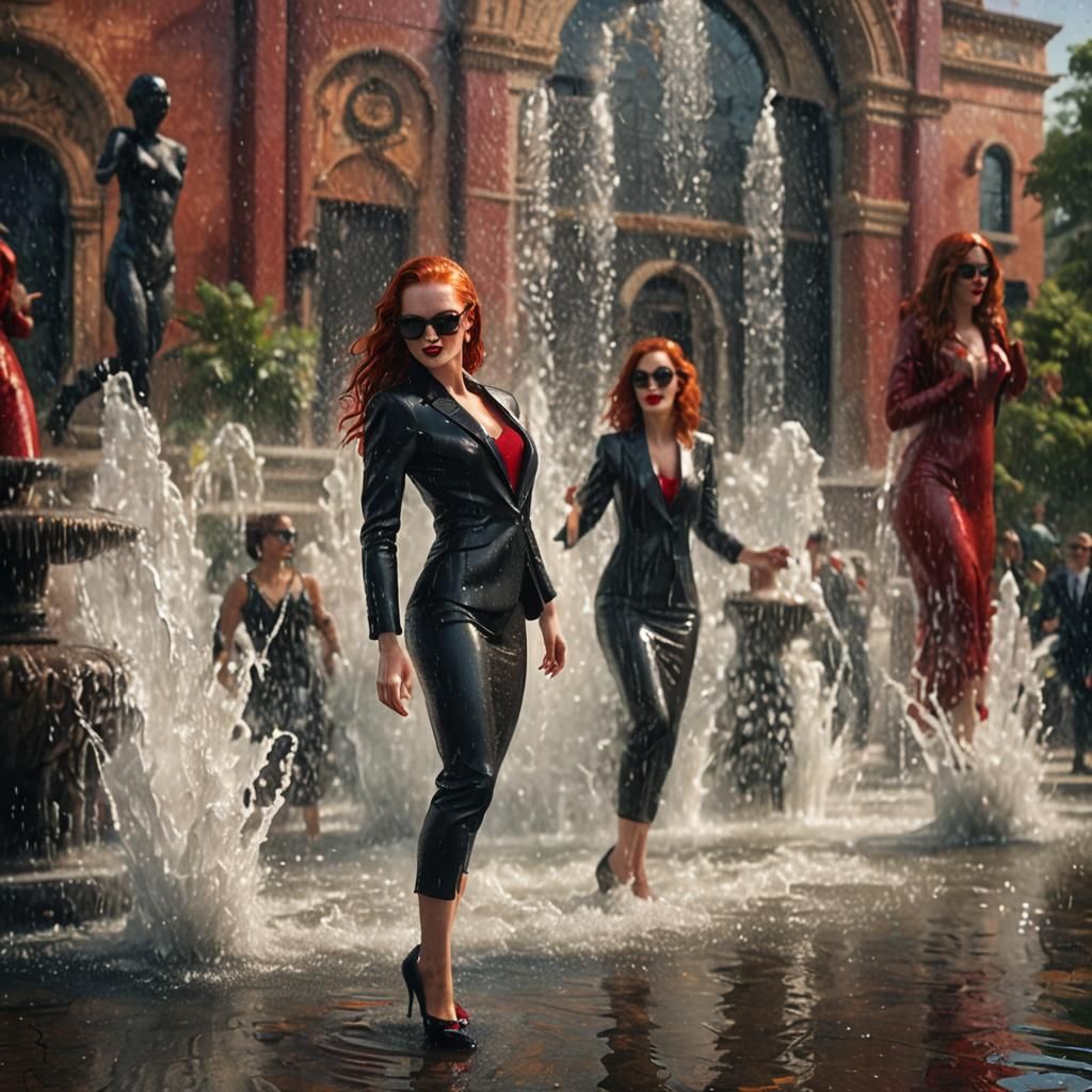 Glamorous Woman Dancing in Fountain: Detailed Matte Painting