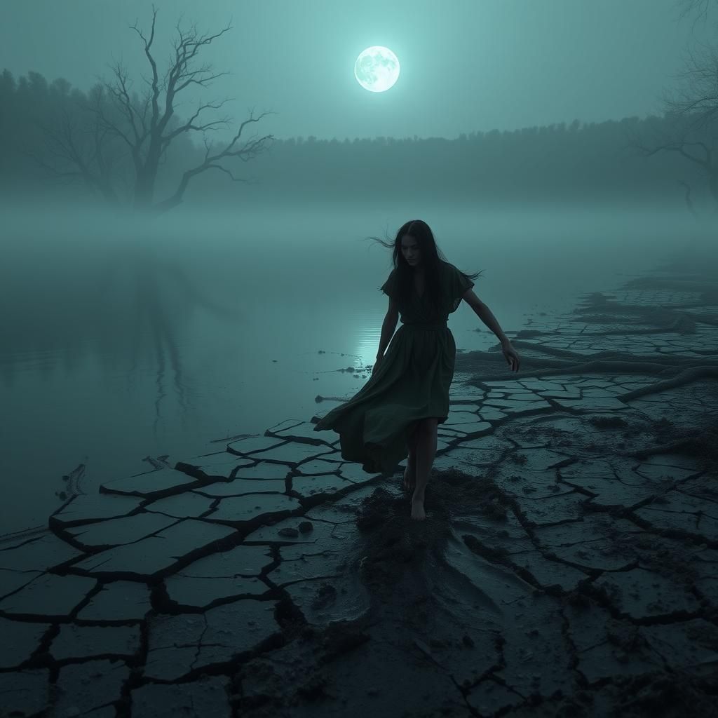 Ethereal Woman Emerges from Muddy Lakeshore