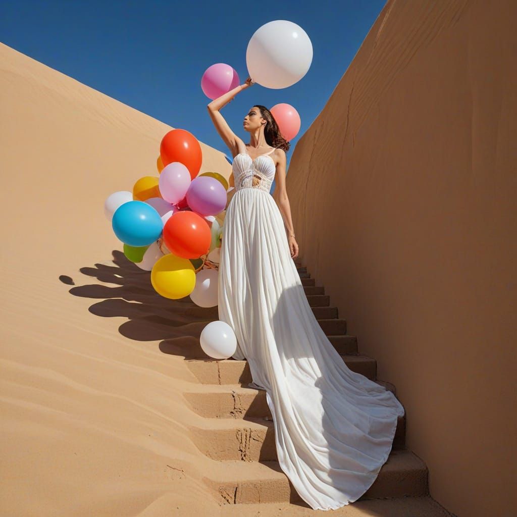 Woman with Worldview Balloons in Surreal Desert