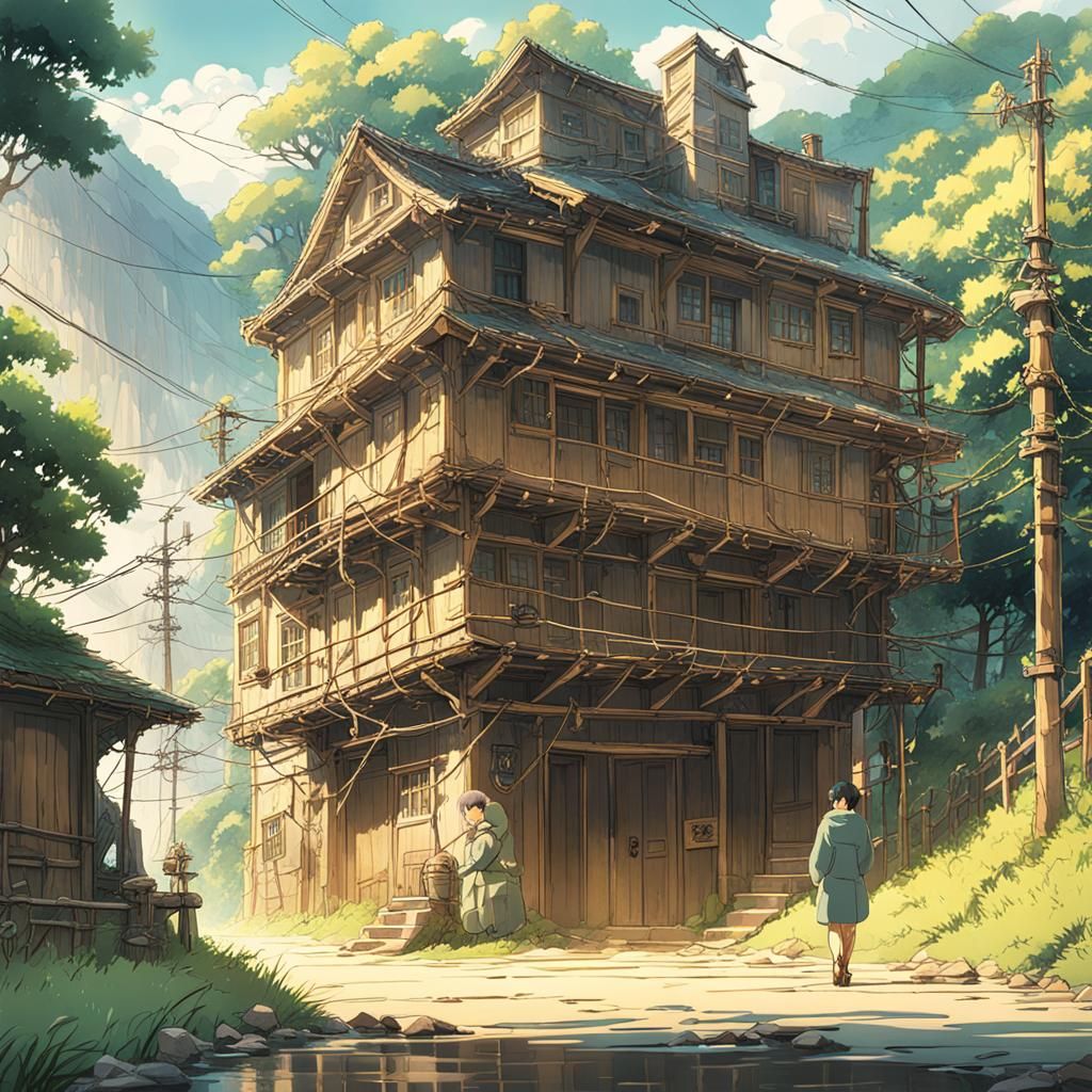 Mountain House with Cables, Studio Ghibli Style