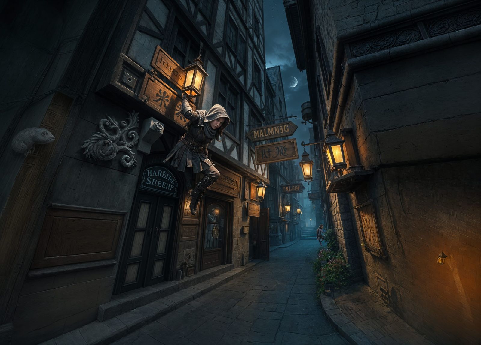 Halfling Thief Climbing Medieval Shop at Night