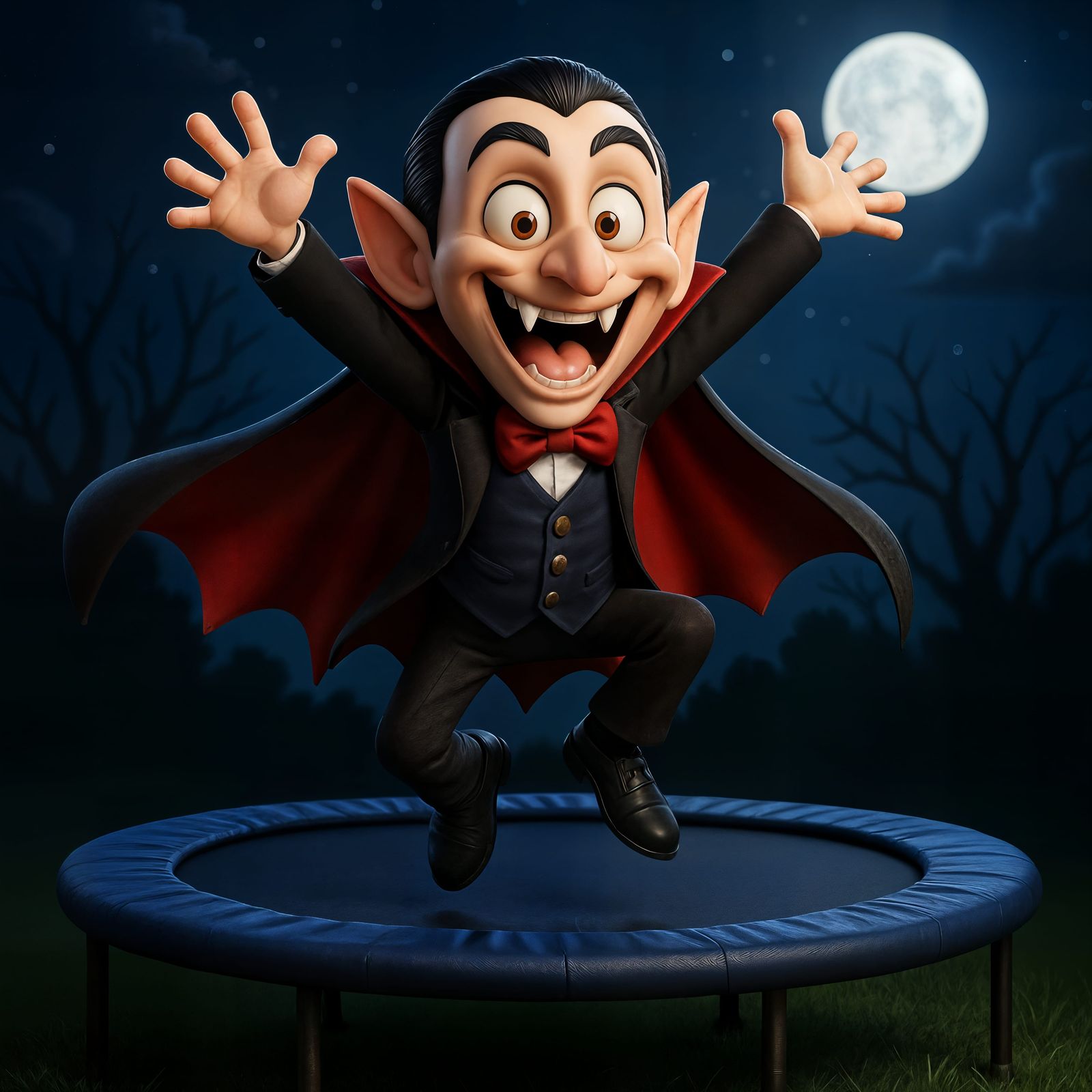 Joyful Cartoon Vampire on Trampoline at Night