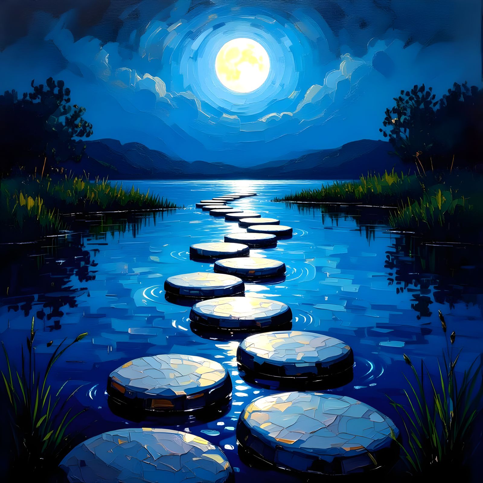 Stepping Stones Reflecting Starlight in Neo-Impressionist St...