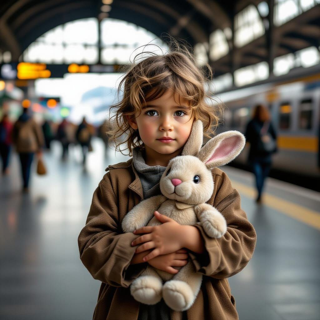 Poignant Refugee Child Portrait in Train Station