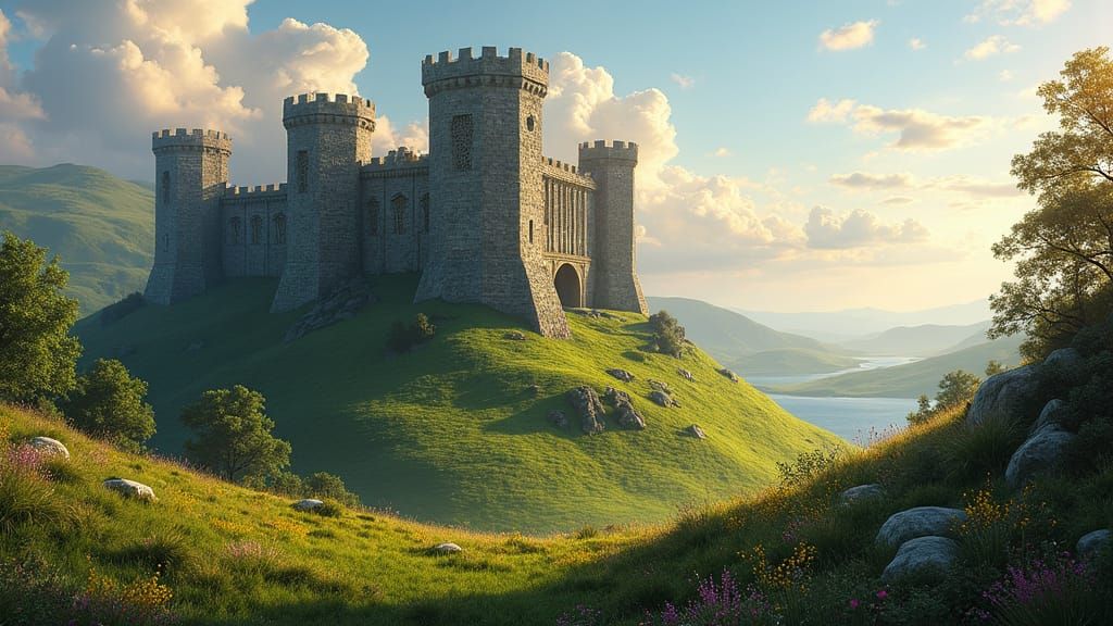 Irish Castle on Hill in Afternoon Sun: Digital Art