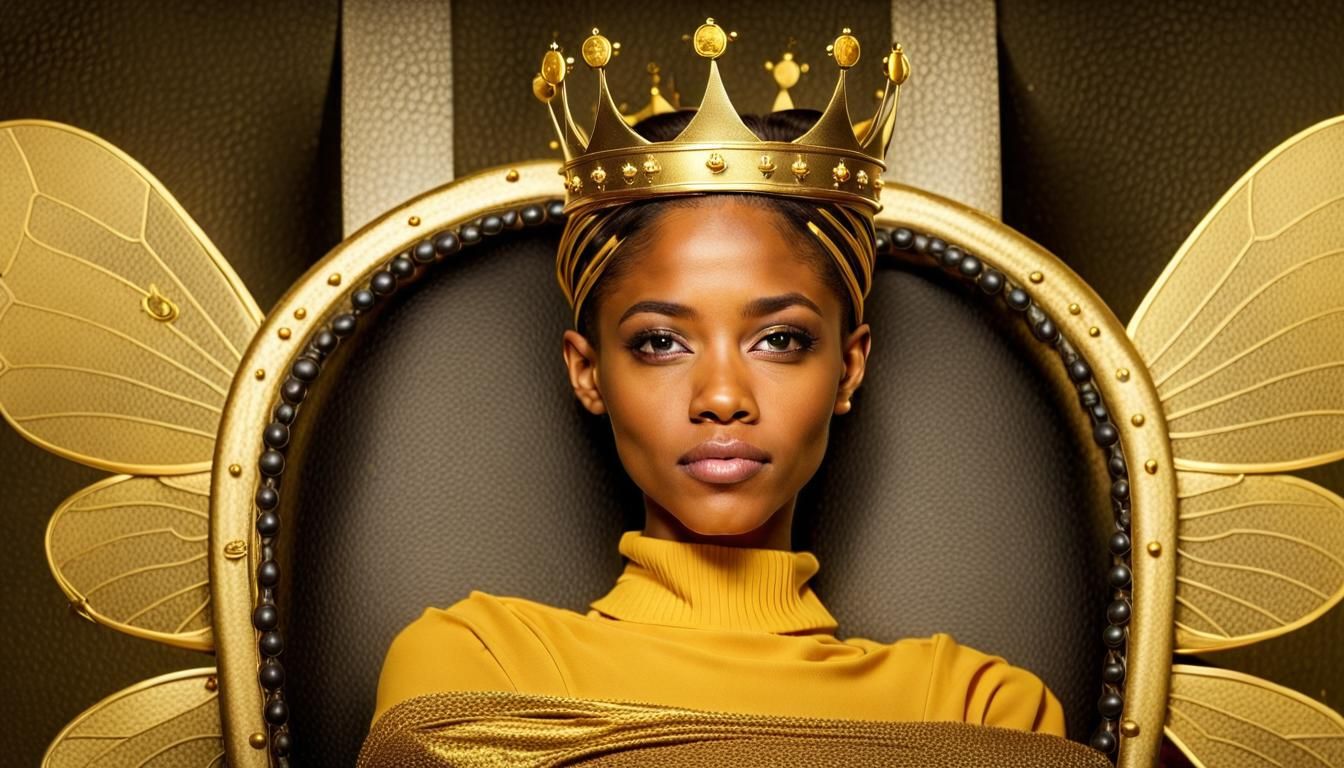 Queen Bee on a throne with a gold crown on her head