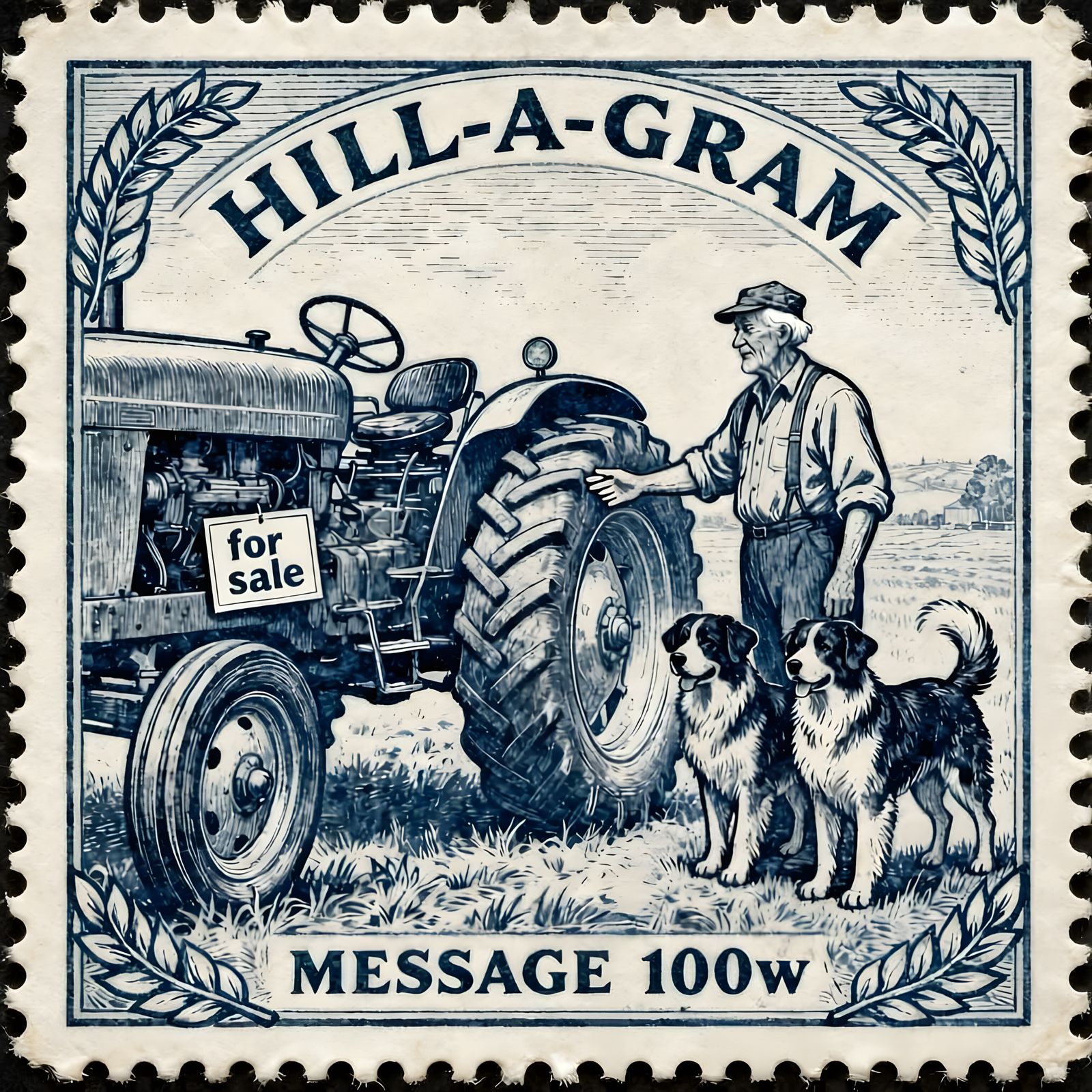 Vintage Postage Stamp: Farmer Inspects Tractor with Dogs