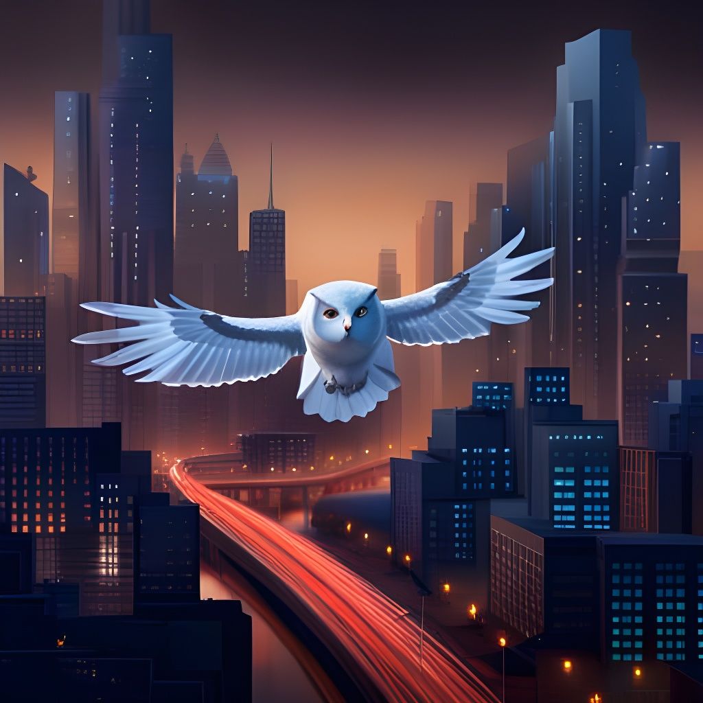 An overhead view of a white owl flying above a cyber city.