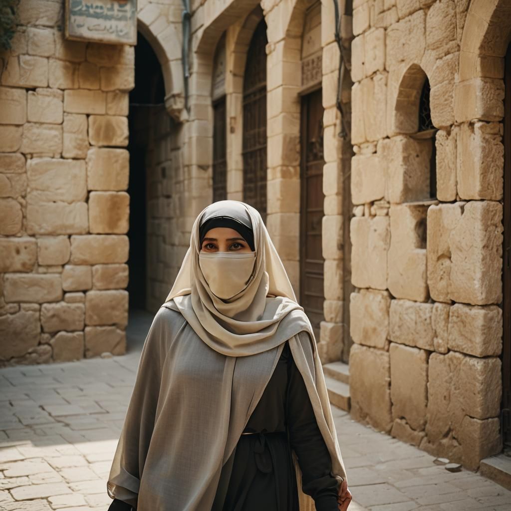 Muslim Woman in Niqab Walking in Jerusalem