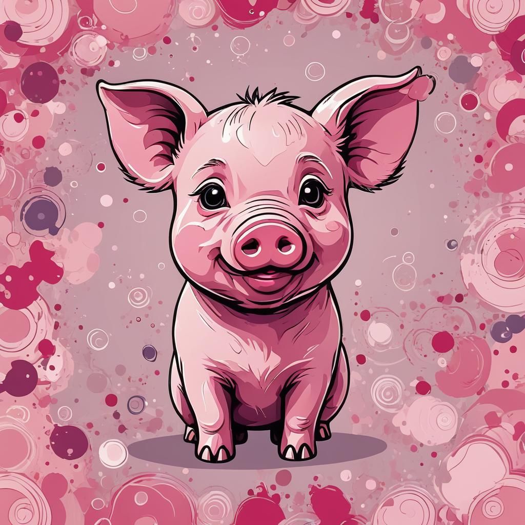 Cute Chibi Pink Pig Cartoon in Abstract Style