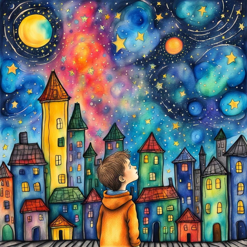 Child in Cosmic City: Whimsical Crayon Drawing