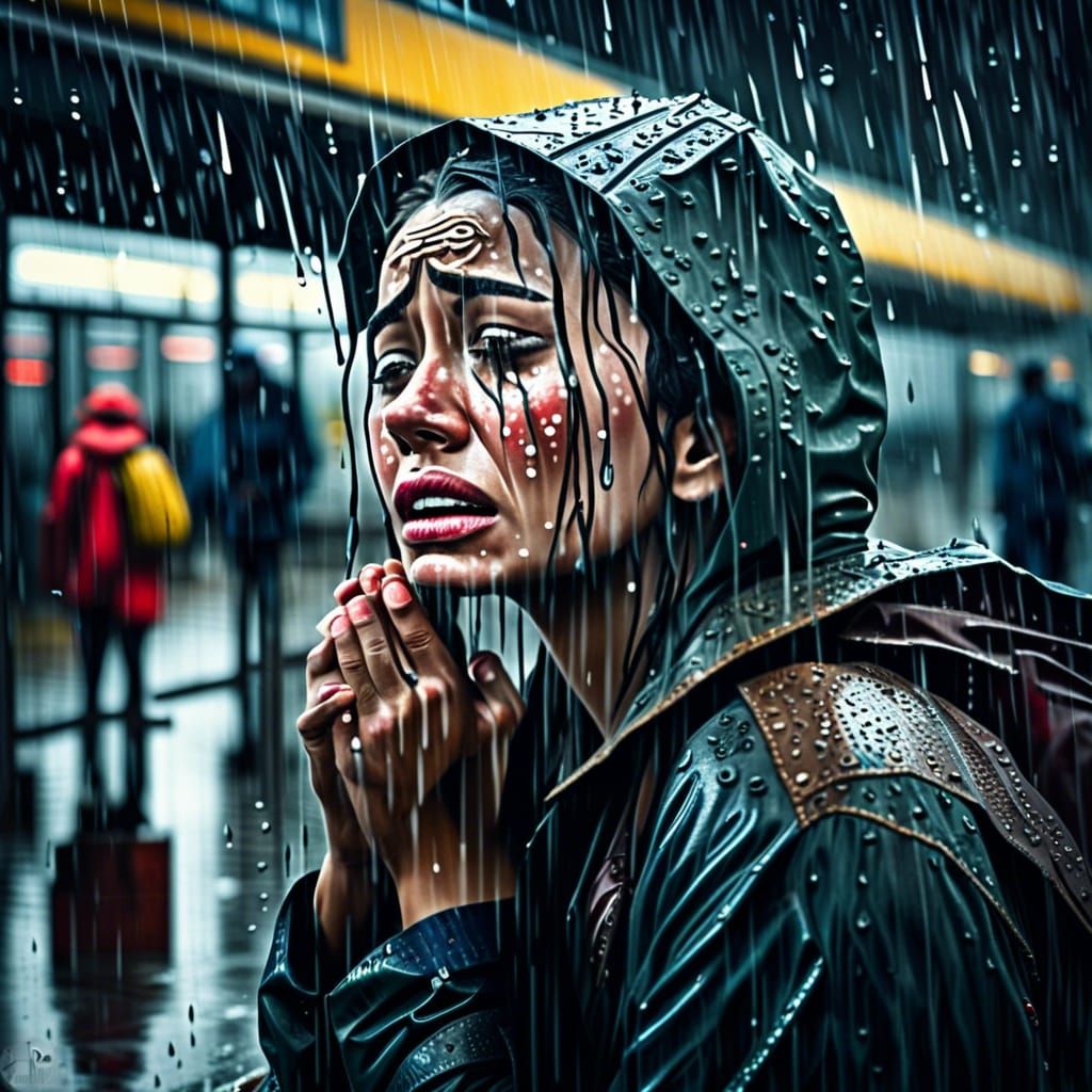 Crying Woman in Rain: Hyperrealistic Cinematic Image